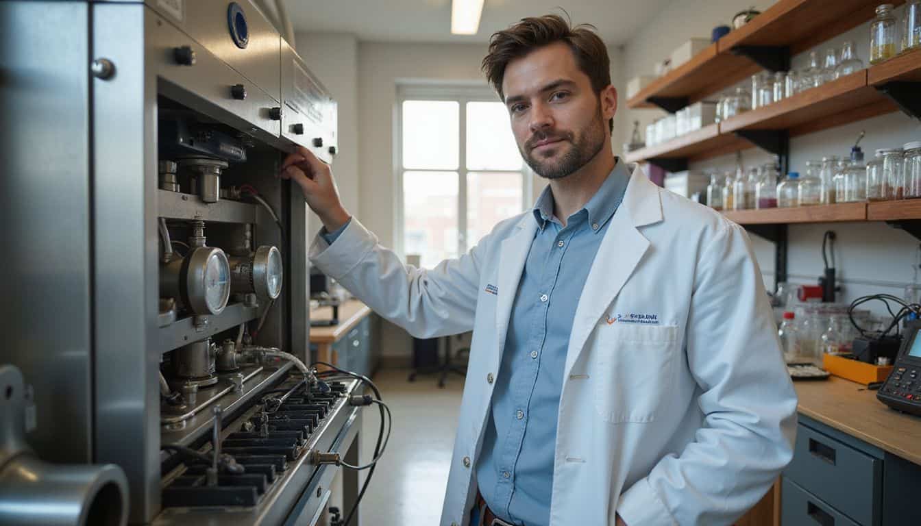 A focused scientist in a white lab coat operates an HPHT press in a well-stocked laboratory. A focused scientist in a white lab coat operates an HPHT press in a well-stocked laboratory.