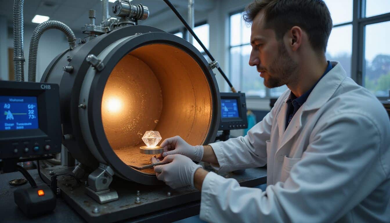 A lab technician carefully places a diamond seed into a heated vacuum chamber for synthesis. A lab technician carefully places a diamond seed into a heated vacuum chamber for synthesis.