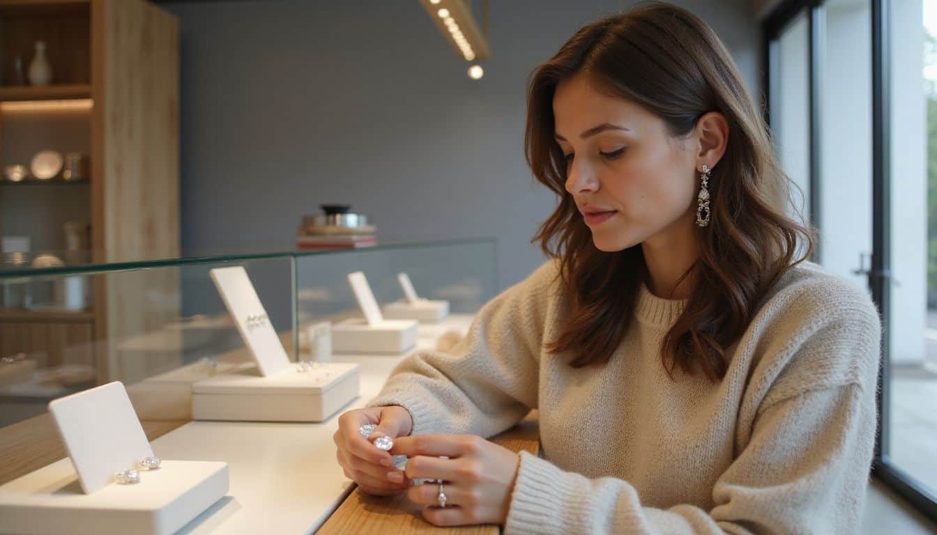 A woman examines diamond earrings in a modern jewelry store with minimalist interior and soft, diffused lighting. A woman examines diamond earrings in a modern jewelry store with minimalist interior and soft, diffused lighting.