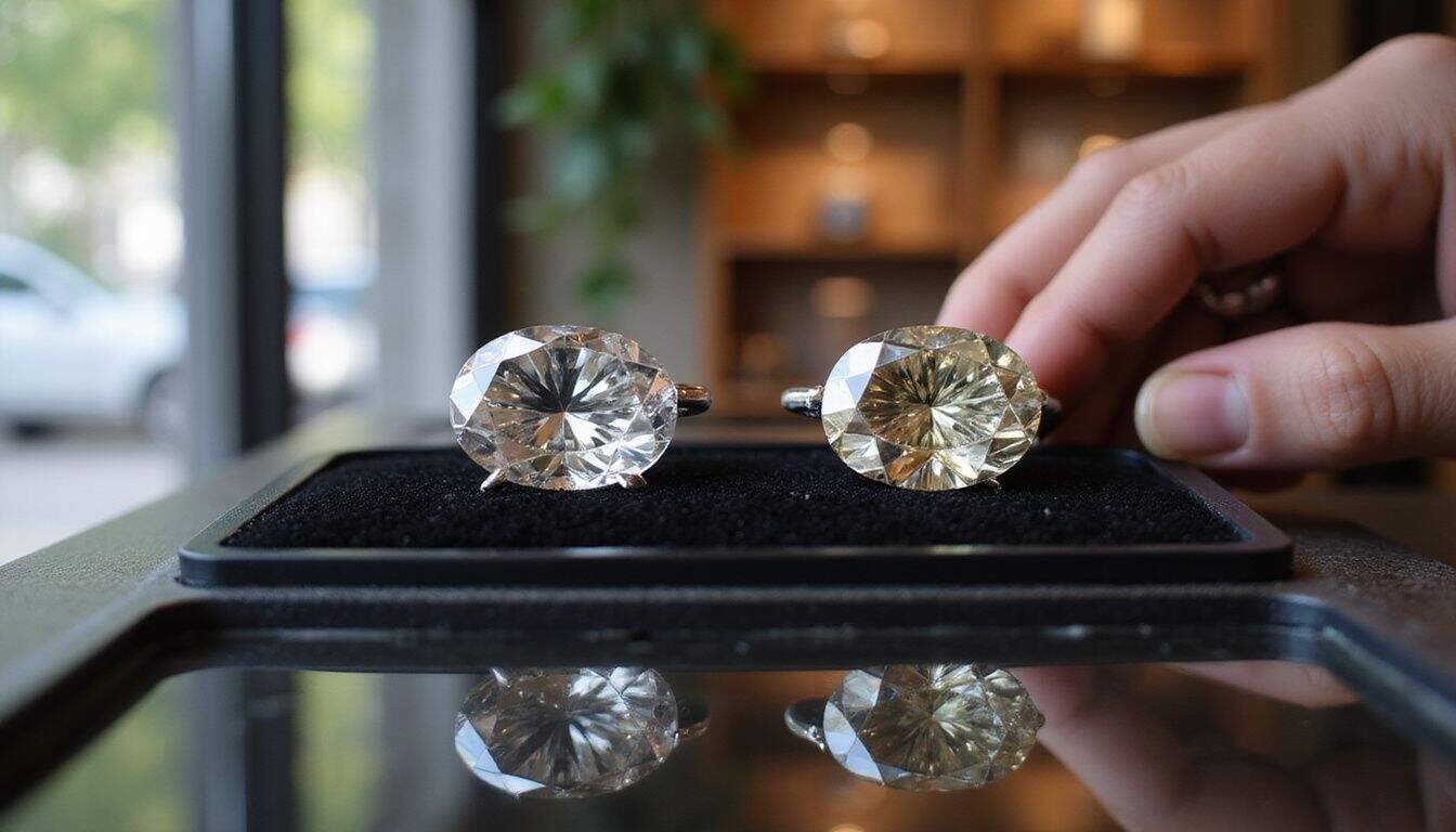 A lab-grown diamond and a natural diamond are compared in a jewelry display case. A lab-grown diamond and a natural diamond are compared in a jewelry display case.