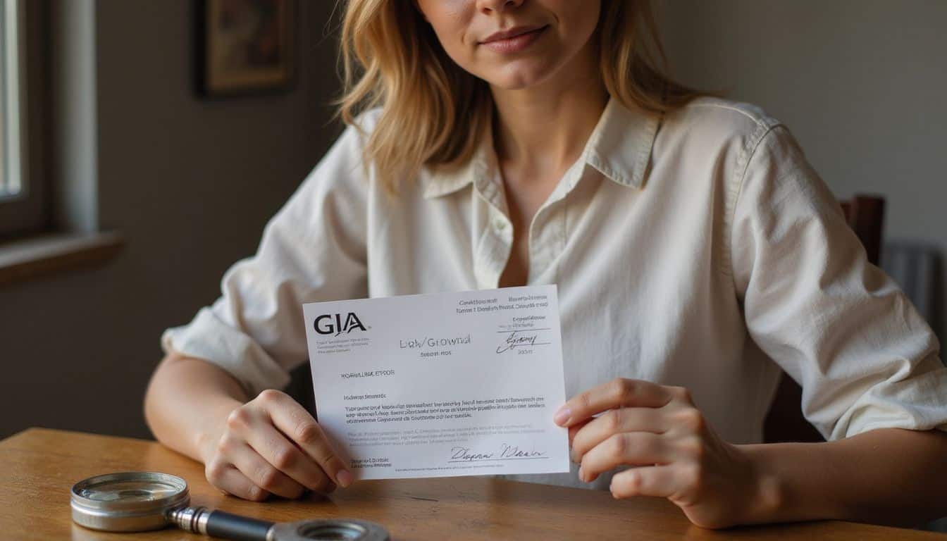 A woman in her 30s examines a GIA certification for a lab-grown diamond with jeweler's tools. A woman in her 30s examines a GIA certification for a lab-grown diamond with jeweler's tools.