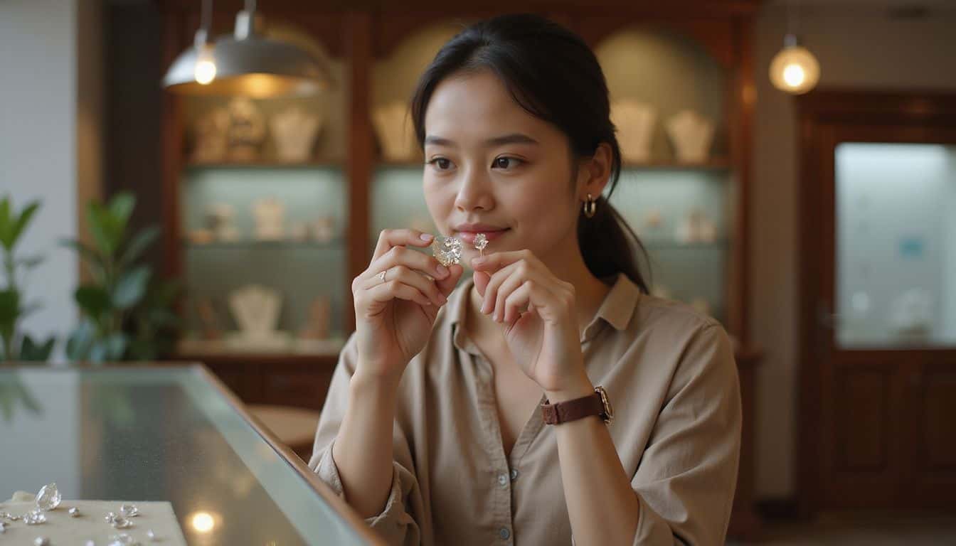 A woman carefully examines lab-created and natural diamonds in a jewelry store. A woman carefully examines lab-created and natural diamonds in a jewelry store.