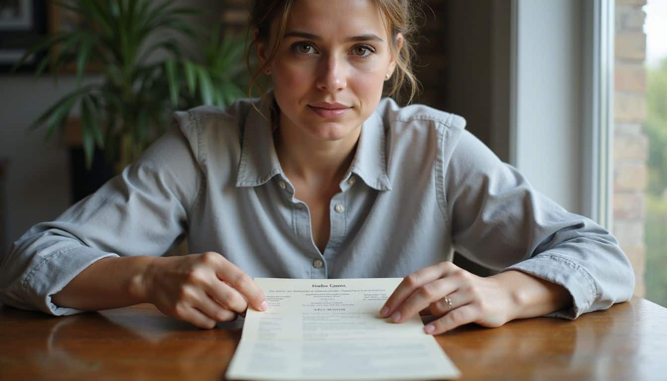 A woman carefully examines a diamond grading report at a wooden table in natural daylight. A woman carefully examines a diamond grading report at a wooden table in natural daylight.