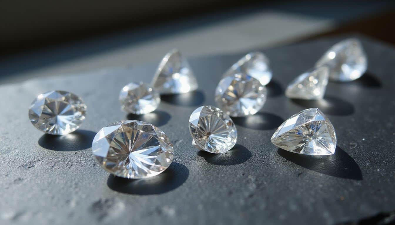 An assortment of lab-grown and natural diamonds arranged on a black slate, showcasing precision cuts and vibrant internal refractions. An assortment of lab-grown and natural diamonds arranged on a black slate, showcasing precision cuts and vibrant internal refractions.