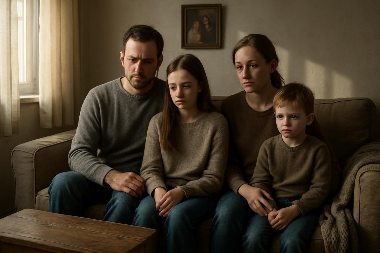 A family of mixed ages sitting closely together on a worn sofa in a modest living room, evoking an intimate, somber atmosphere. A family of mixed ages sitting closely together on a worn sofa in a modest living room, evoking an intimate, somber atmosphere.