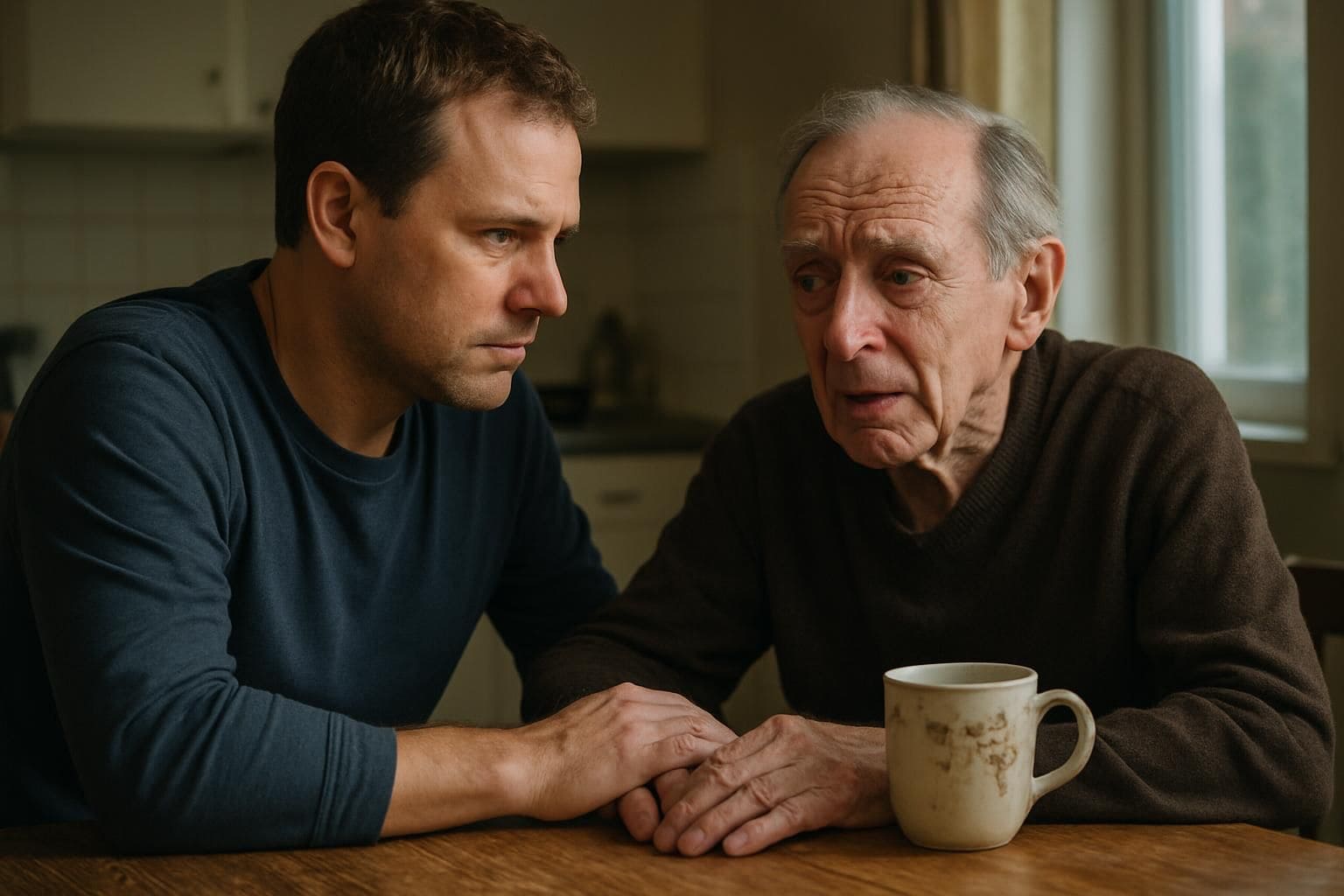 A middle-aged man sits at a kitchen table with his elderly father, both showing deep concern and distress. A middle-aged man sits at a kitchen table with his elderly father, both showing deep concern and distress.