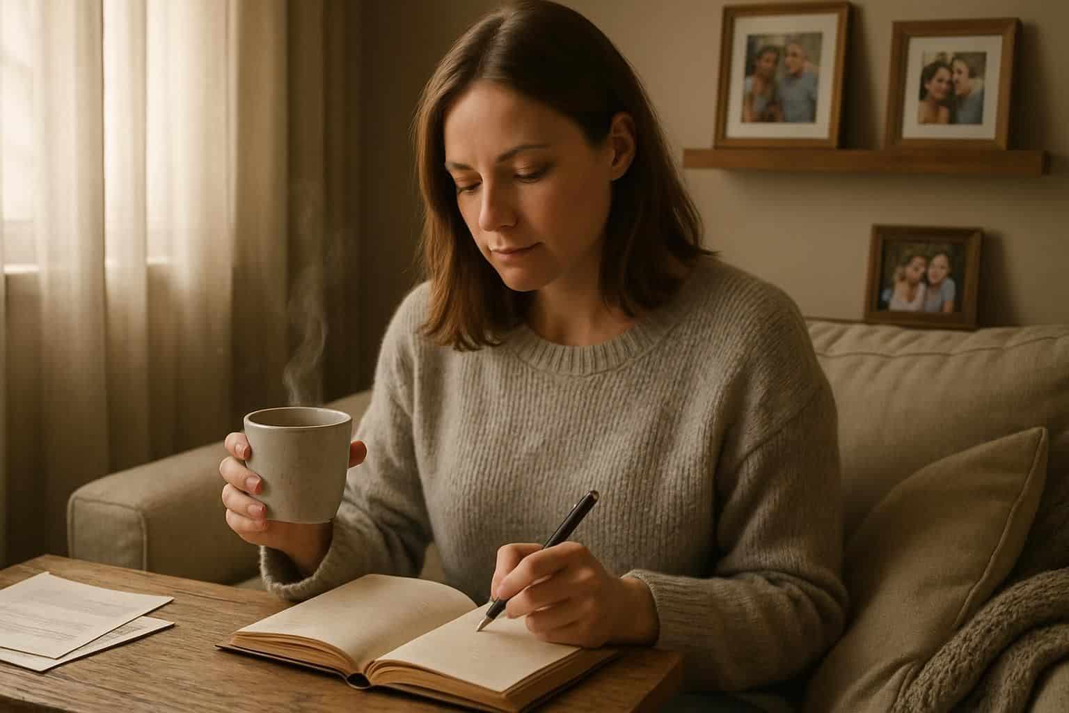 A woman enjoys a quiet moment with tea and journal in a cozy living room. A woman enjoys a quiet moment with tea and journal in a cozy living room.