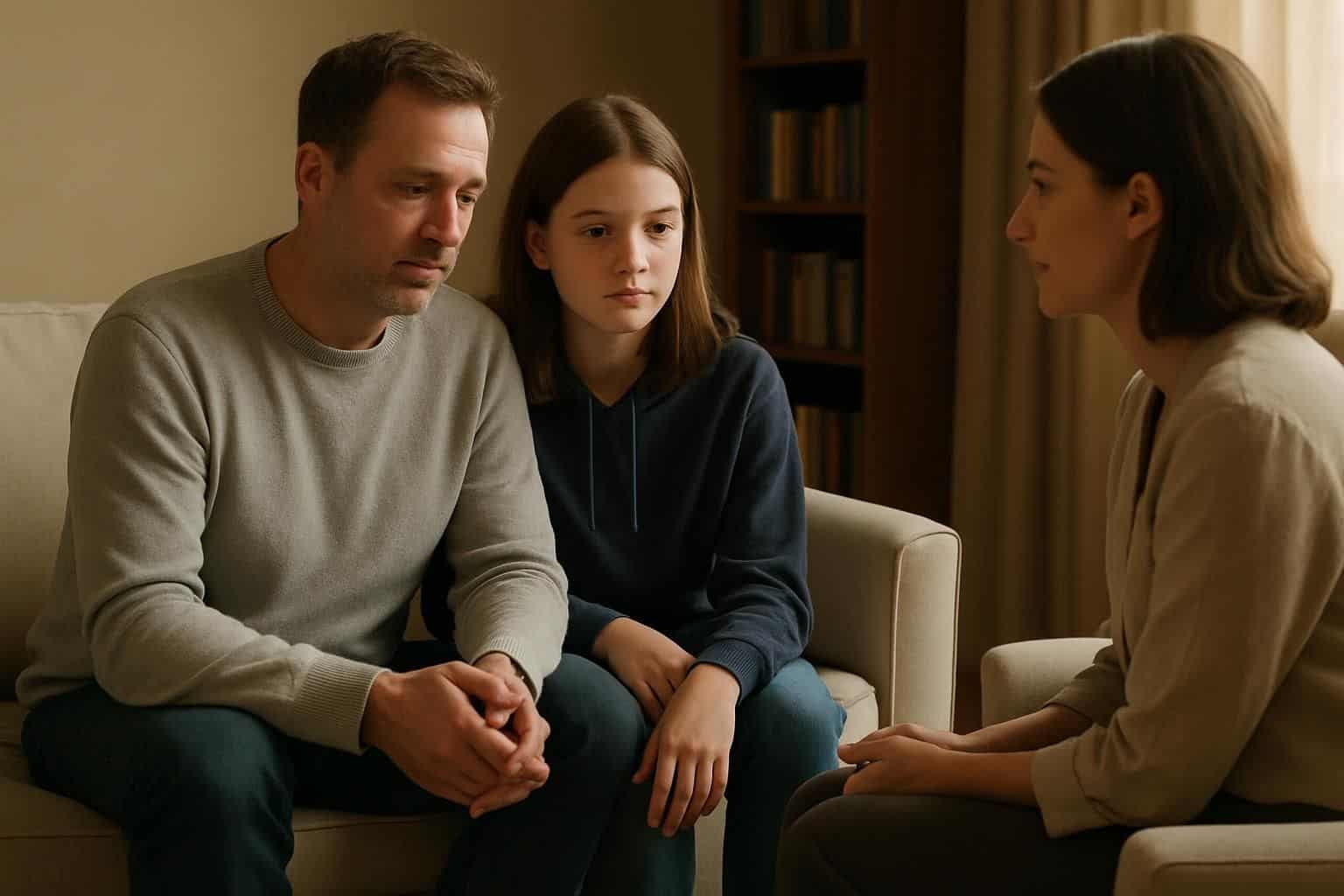 A father and daughter sit closely in a therapist's office, with a female therapist across from them. A father and daughter sit closely in a therapist's office, with a female therapist across from them.