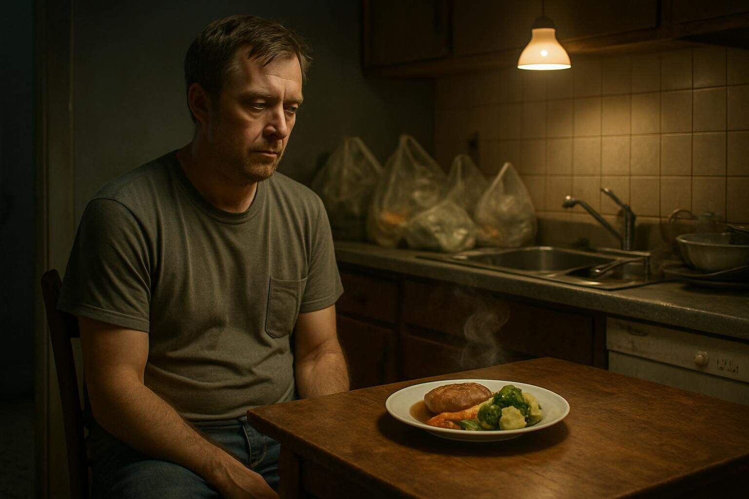 A tired man sits alone at a cluttered kitchen table, staring at an untouched meal. A tired man sits alone at a cluttered kitchen table, staring at an untouched meal.
