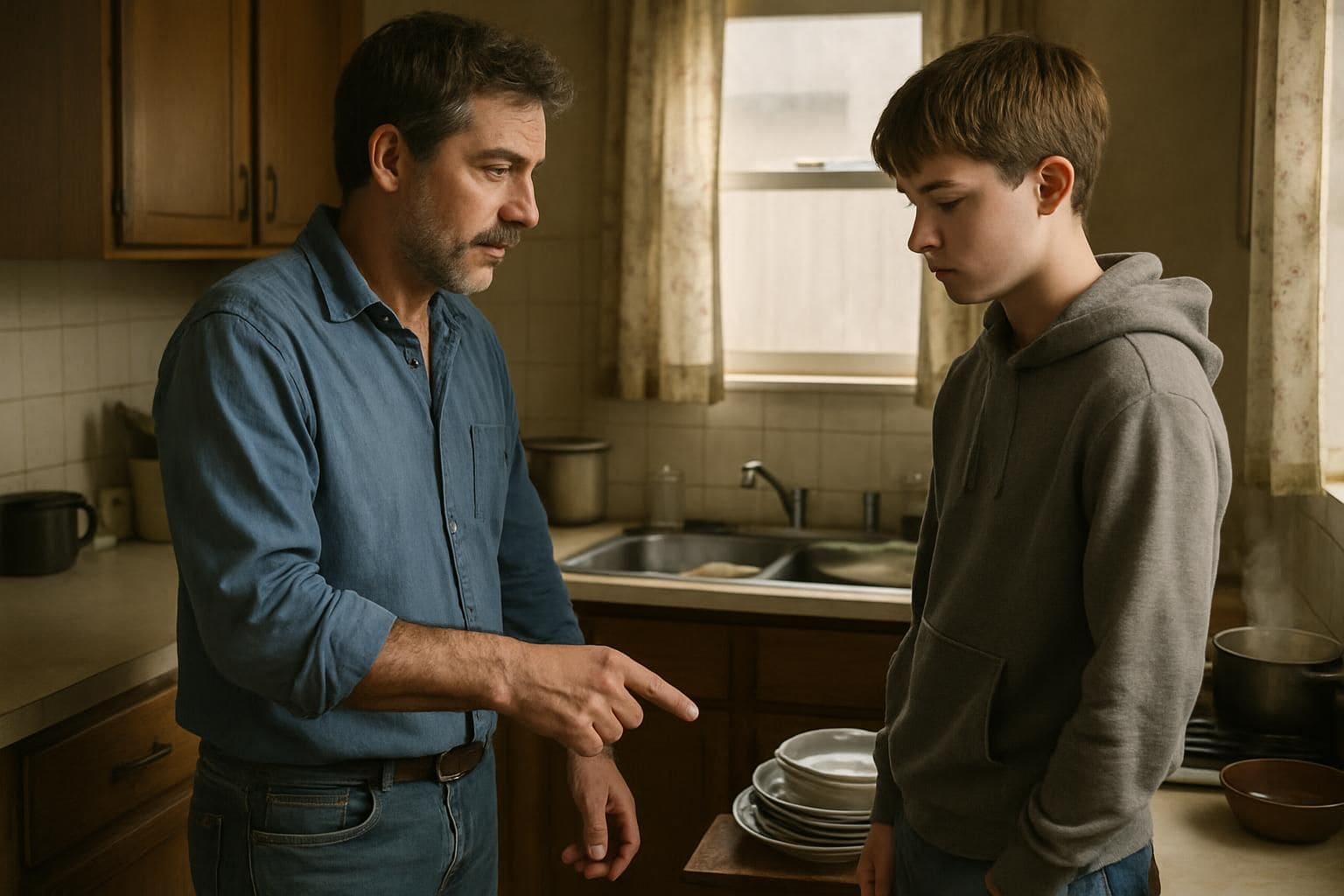 A middle-aged father gestures firmly to his teenage son, both in a cluttered kitchen. A middle-aged father gestures firmly to his teenage son, both in a cluttered kitchen.