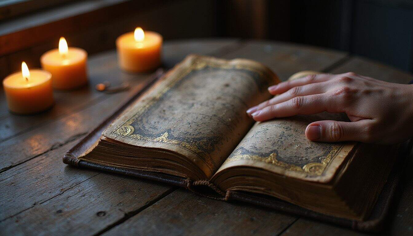 An old, weathered leather-bound book rests open on a wooden table, its golden-edged pages illuminated by candlelight. An old, weathered leather-bound book rests open on a wooden table, its golden-edged pages illuminated by candlelight.