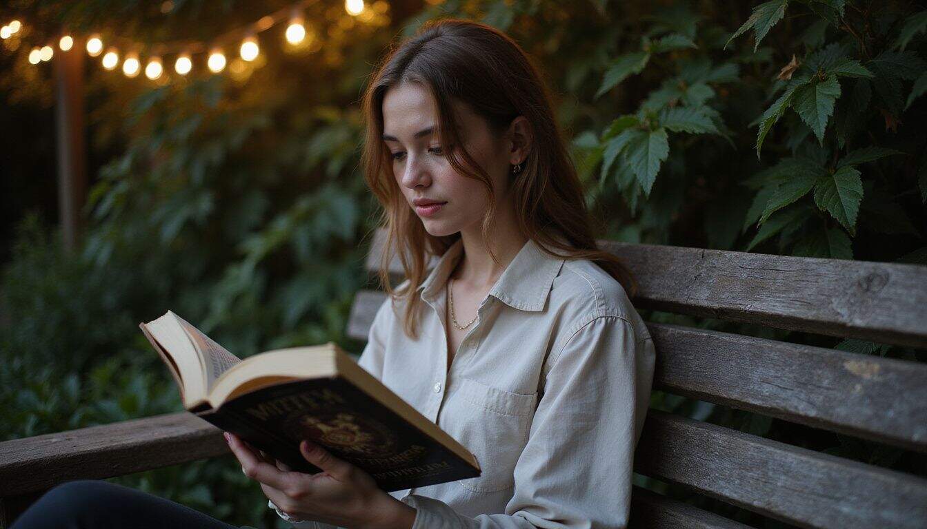 A young woman peacefully reads a dark fantasy novel on a wooden bench in a garden. A young woman peacefully reads a dark fantasy novel on a wooden bench in a garden.