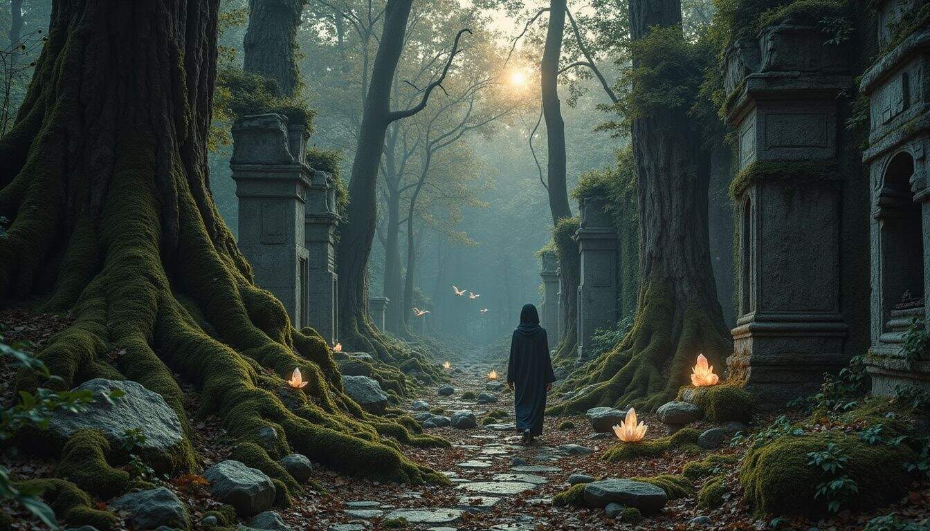 An enchanting, mystical forest at dusk with ancient ruins, quartz crystals, and subtle bioluminescent creatures. An enchanting, mystical forest at dusk with ancient ruins, quartz crystals, and subtle bioluminescent creatures.