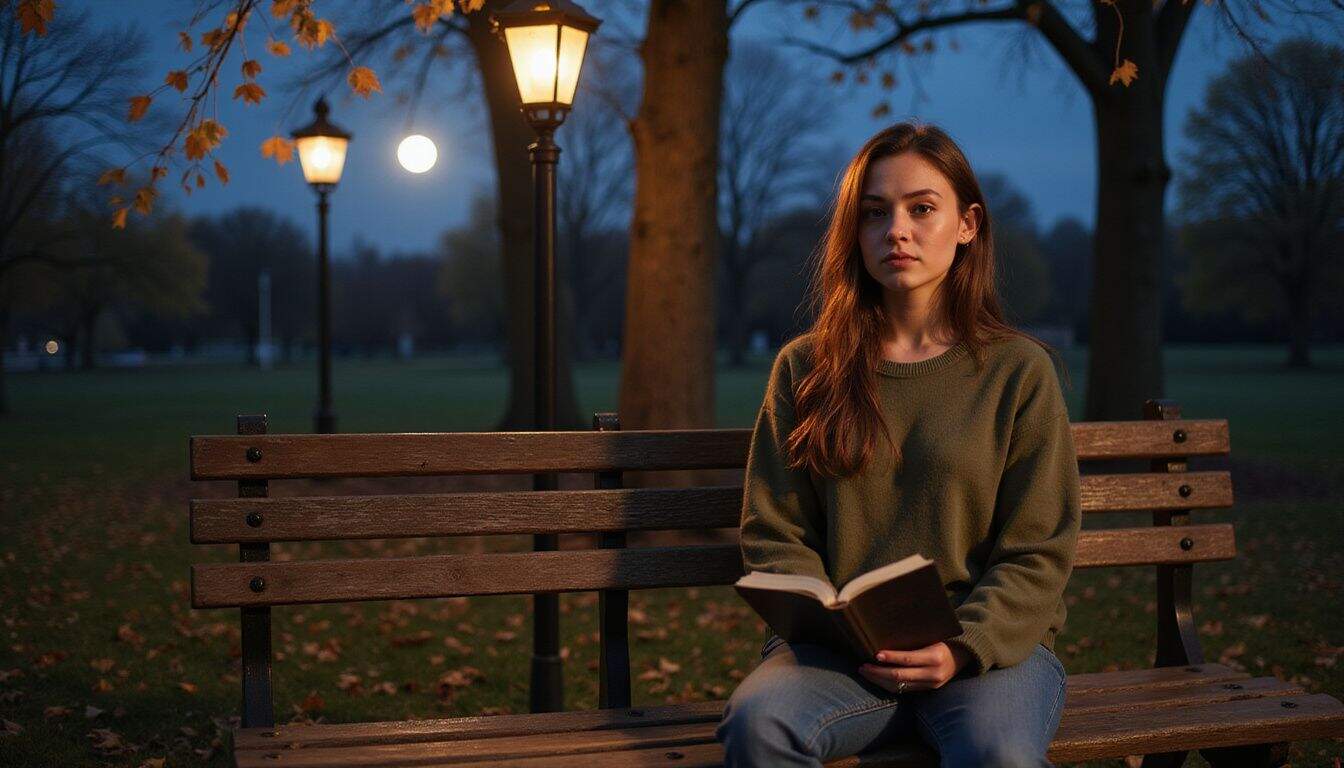A young woman sits on a wooden park bench, reading a book under a canopy of autumn leaves. A young woman sits on a wooden park bench, reading a book under a canopy of autumn leaves.