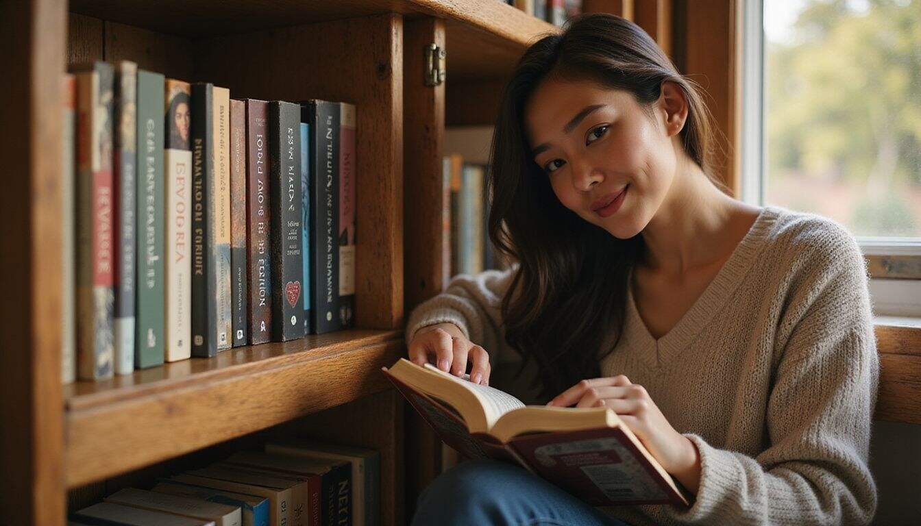 A woman sits in front of a bookshelf filled with romantic fantasy novels, creating a cozy, inviting atmosphere. A woman sits in front of a bookshelf filled with romantic fantasy novels, creating a cozy, inviting atmosphere.