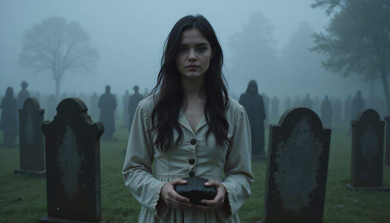 A young woman, wearing a worn gown, stands in a misty graveyard holding a small object. A young woman, wearing a worn gown, stands in a misty graveyard holding a small object.