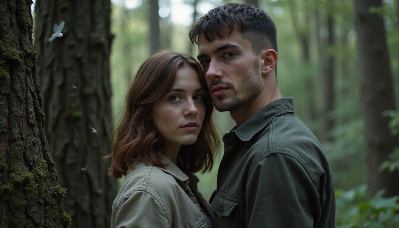 A young couple stands closely together in a dense forest at dusk, surrounded by soft natural light and misty woodland creatures. A young couple stands closely together in a dense forest at dusk, surrounded by soft natural light and misty woodland creatures.