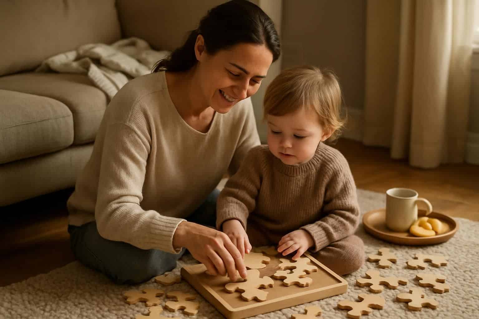 A mother and child bond over a wooden puzzle in a warm, inviting living room. A mother and child bond over a wooden puzzle in a warm, inviting living room.