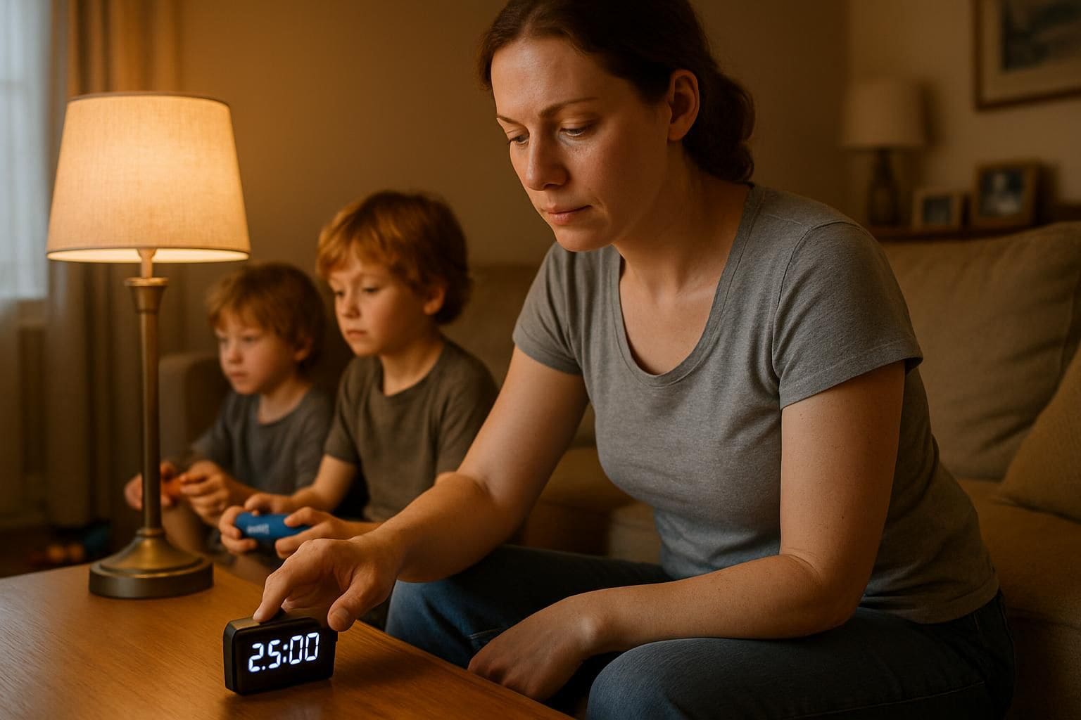 A mother sets a timer while her children play video games in a cozy, lived-in living room. A mother sets a timer while her children play video games in a cozy, lived-in living room.
