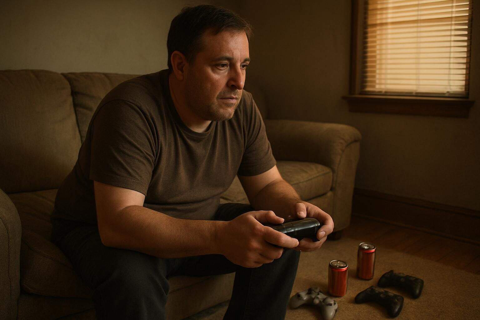 A man relaxes on a worn couch, focused on a video game, surrounded by soda cans and game controllers. A man relaxes on a worn couch, focused on a video game, surrounded by soda cans and game controllers.