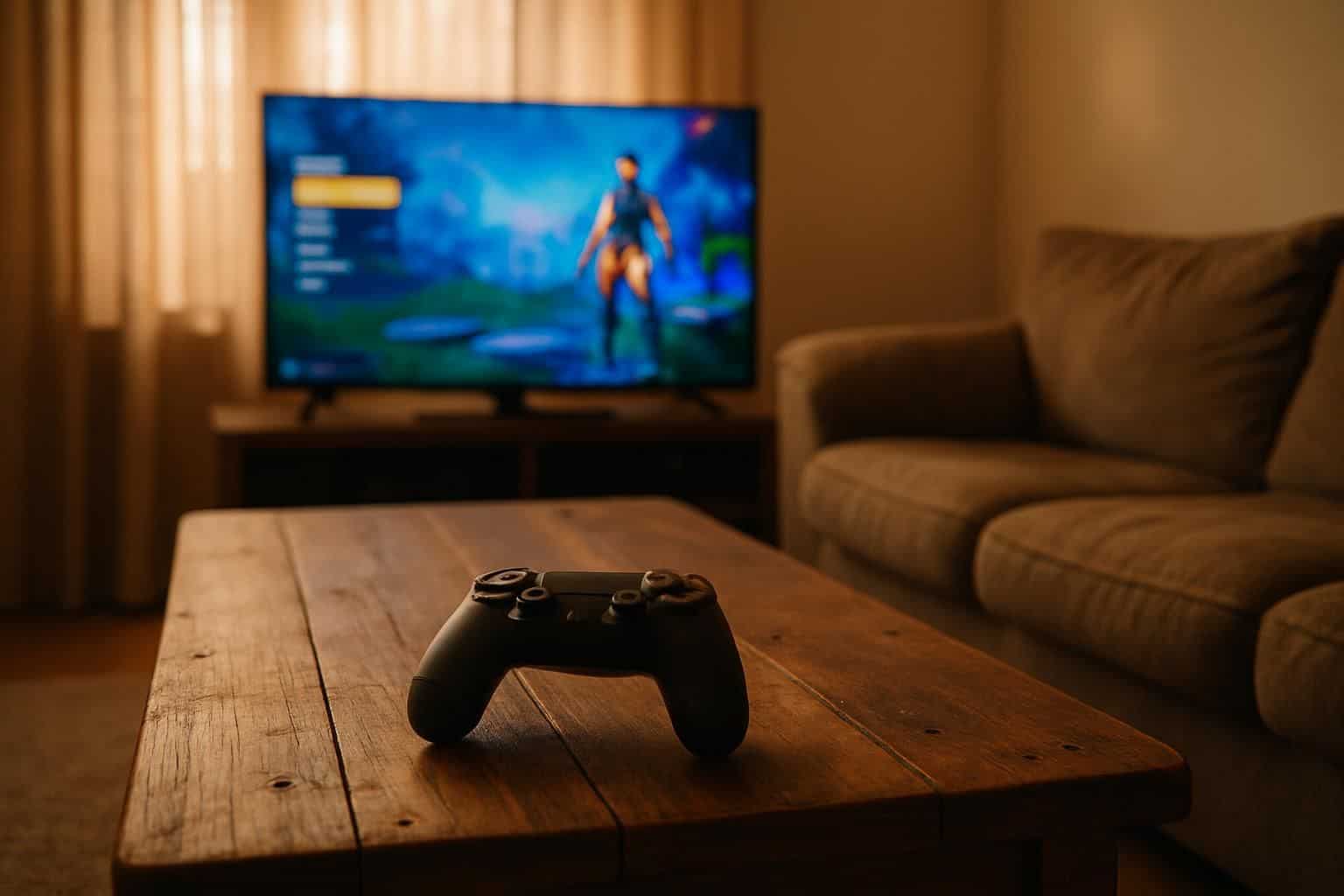 A cozy living room with a rustic coffee table holding a video game controller and a TV displaying a game interface. A cozy living room with a rustic coffee table holding a video game controller and a TV displaying a game interface.