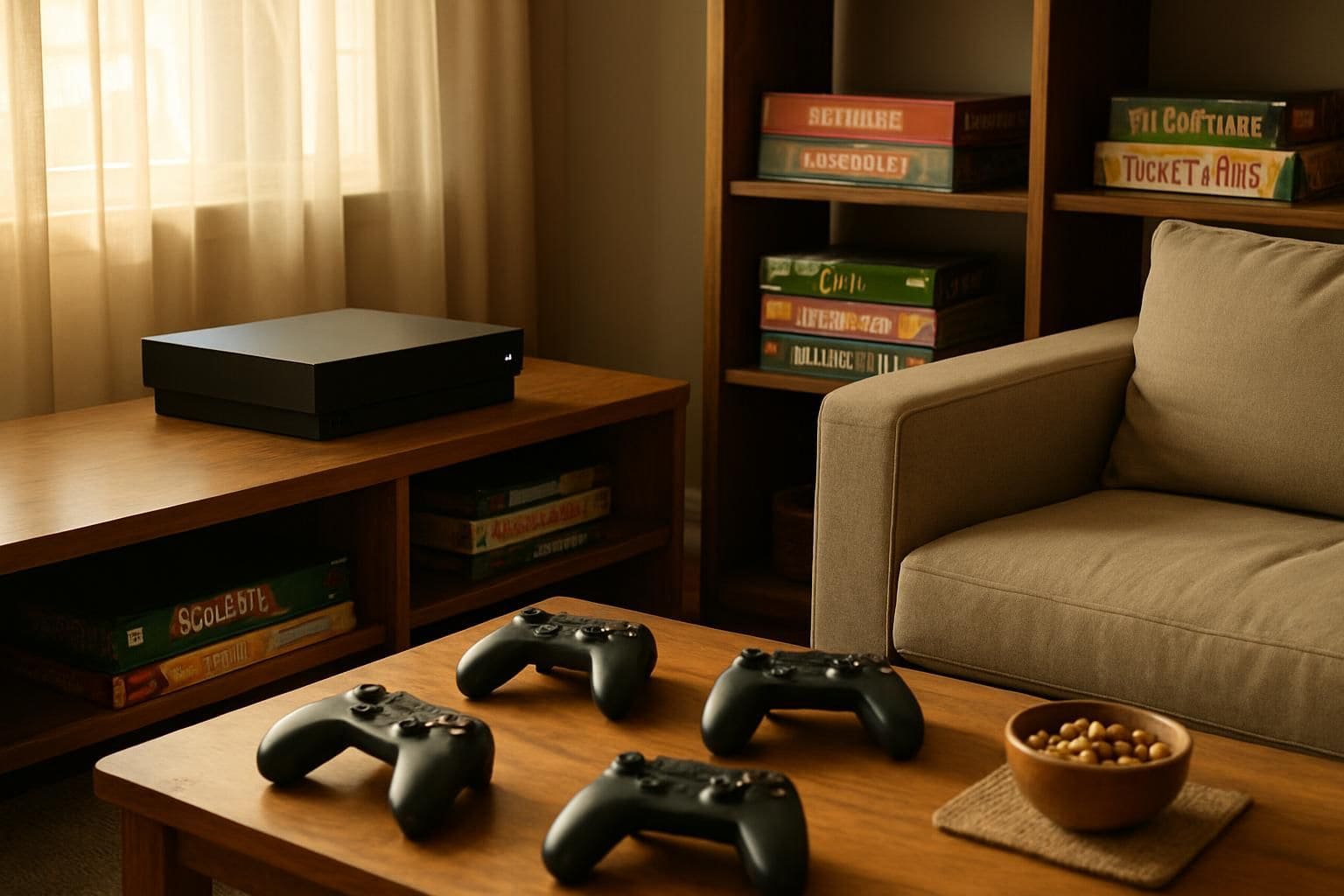 A cozy living room with modern gaming console, family board games, and inviting sofa. A cozy living room with modern gaming console, family board games, and inviting sofa.