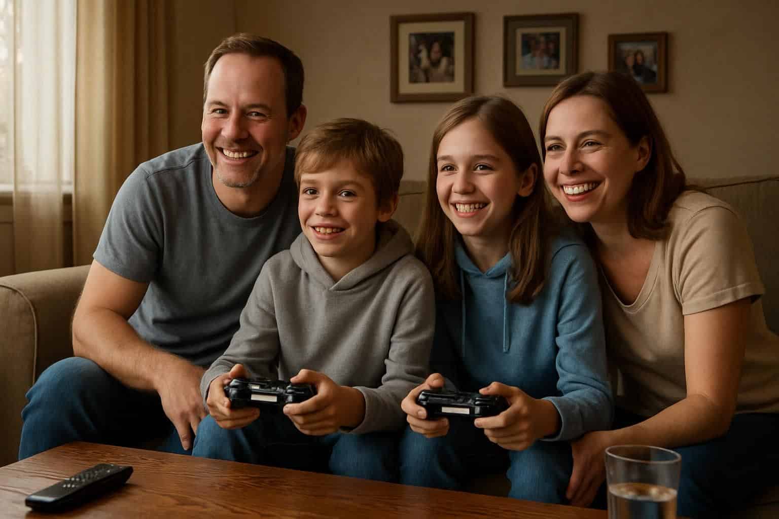 A family of four with genuine smiles, playing video games in a cozy living room. A family of four with genuine smiles, playing video games in a cozy living room.