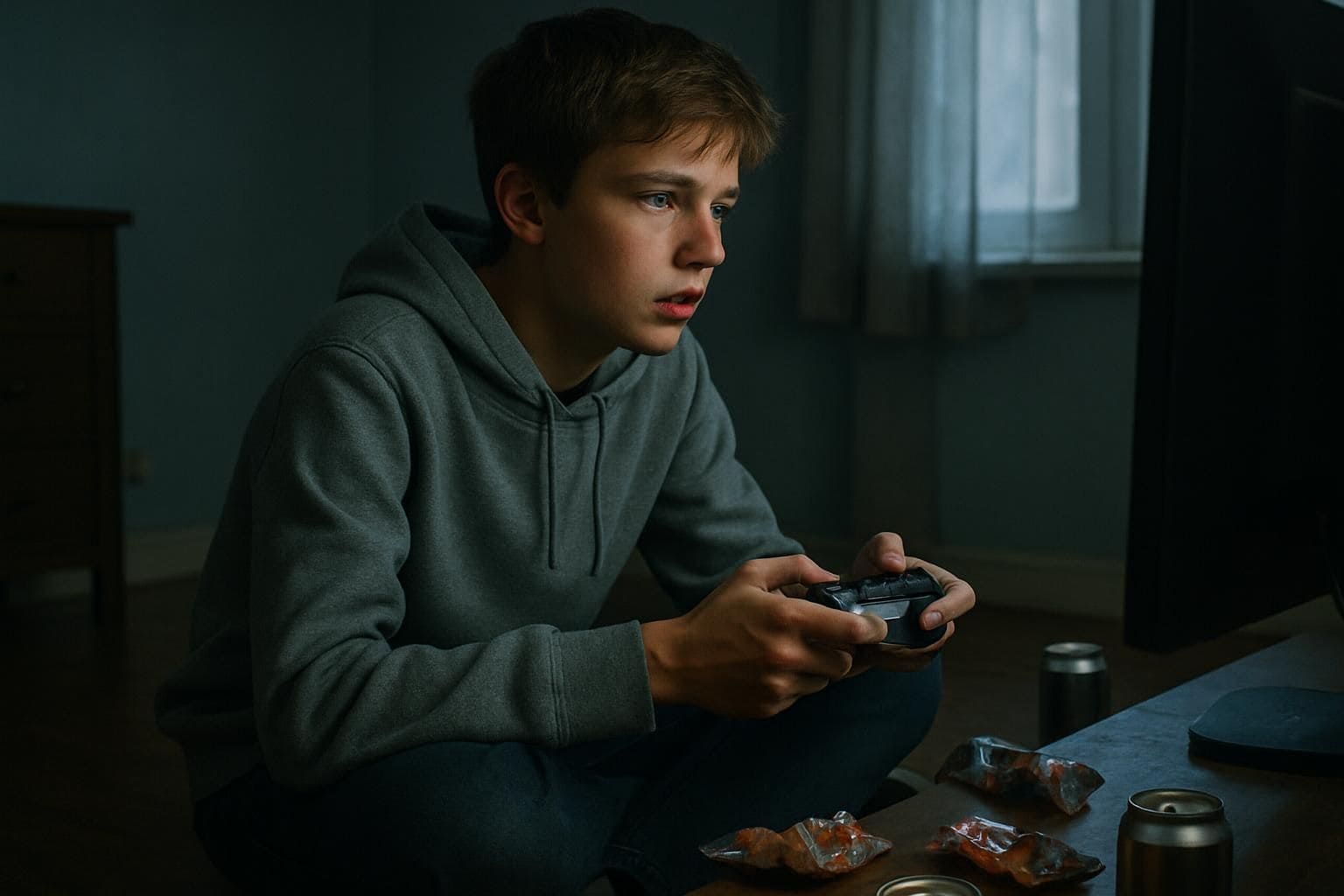 A focused teenage boy sits alone in a room, playing video games surrounded by snack wrappers and drink cans. A focused teenage boy sits alone in a room, playing video games surrounded by snack wrappers and drink cans.