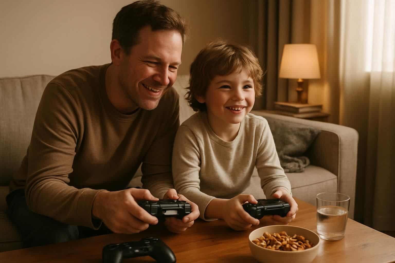 An adult and child sit on a cozy couch, playing video games and enjoying snacks together. An adult and child sit on a cozy couch, playing video games and enjoying snacks together.