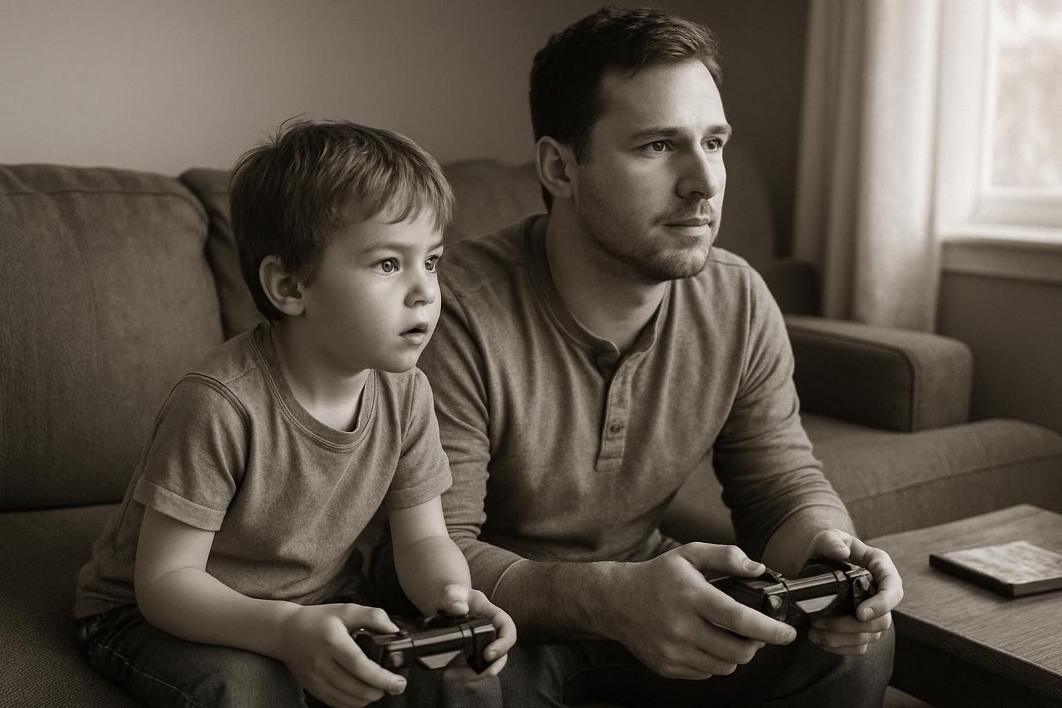 A father and son sit on a couch, playing video games together in their living room. A father and son sit on a couch, playing video games together in their living room.