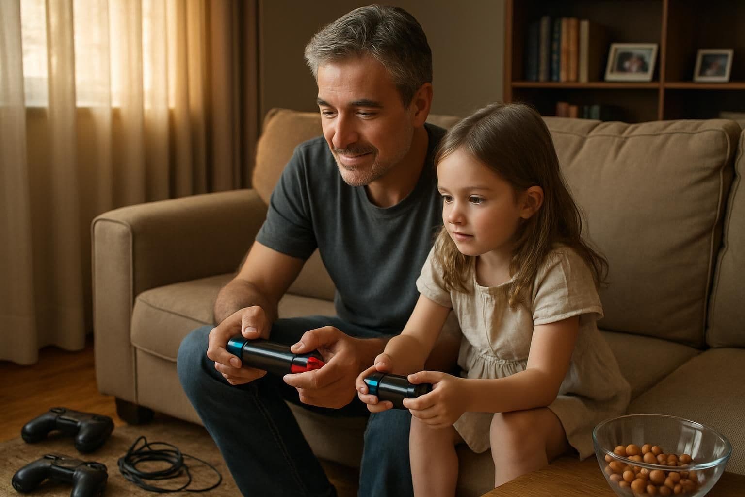 A father and daughter enjoy gaming together in their cozy, well-lived-in living room. A father and daughter enjoy gaming together in their cozy, well-lived-in living room.
