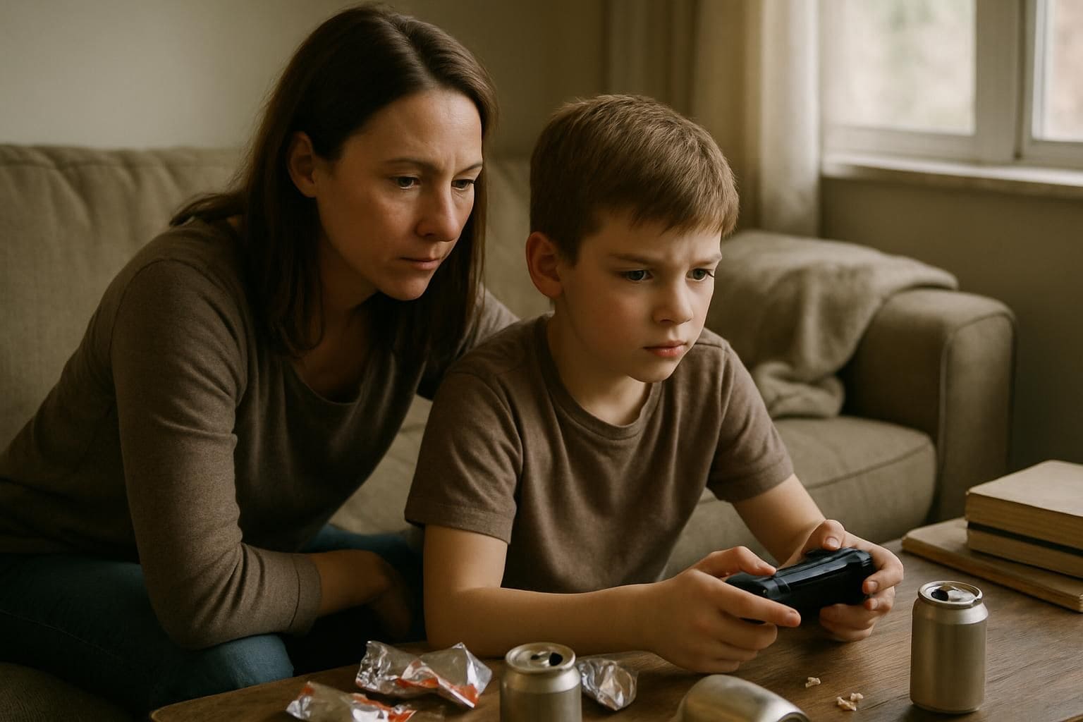 A mother attentively watches her son play video games in a cluttered living room. A mother attentively watches her son play video games in a cluttered living room.
