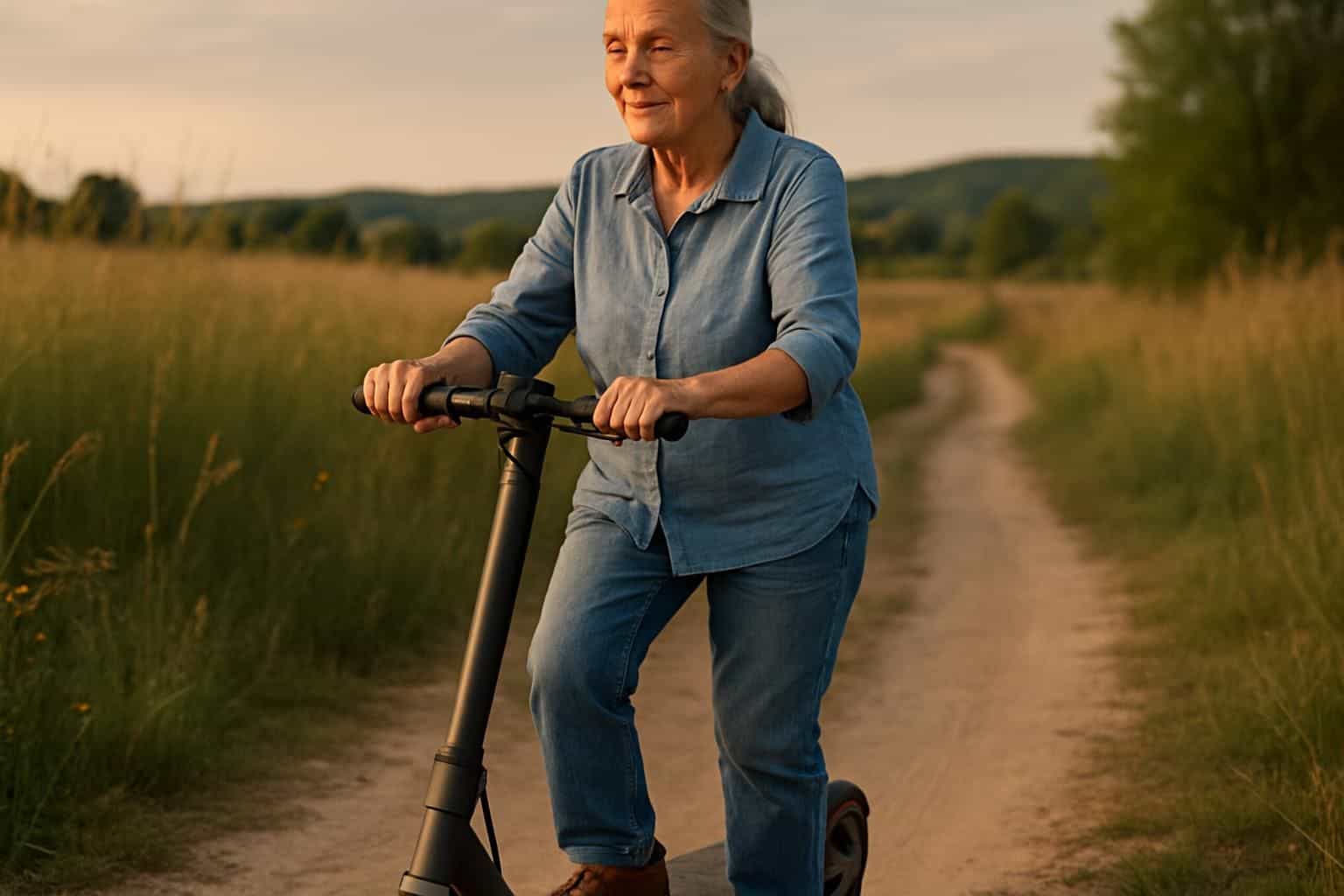 An elderly woman joyfully rides a modern electric scooter through a peaceful rural landscape. An elderly woman joyfully rides a modern electric scooter through a peaceful rural landscape.