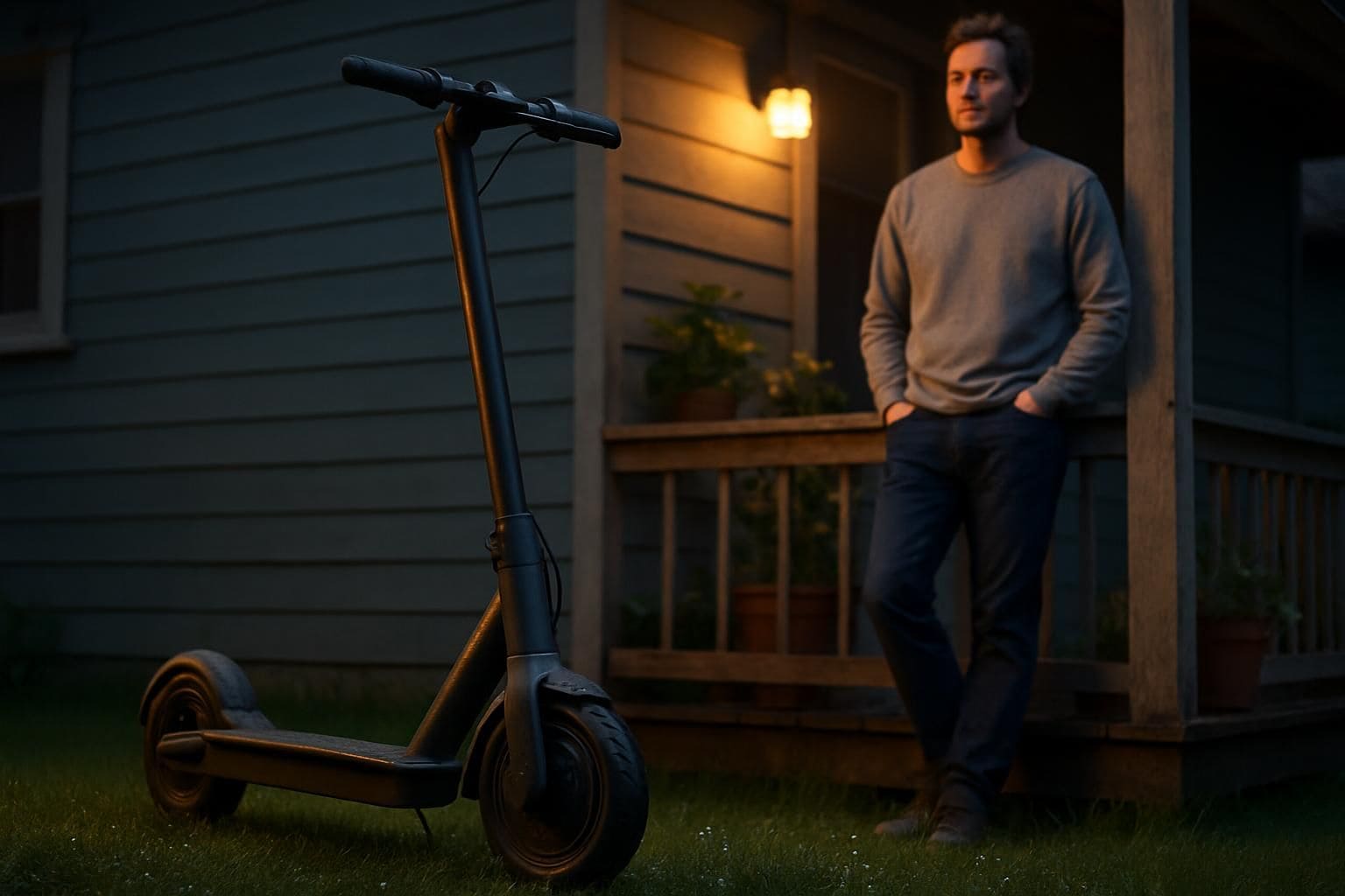 A man in casual clothes leans on a porch with a scooter and potted plants. A man in casual clothes leans on a porch with a scooter and potted plants.