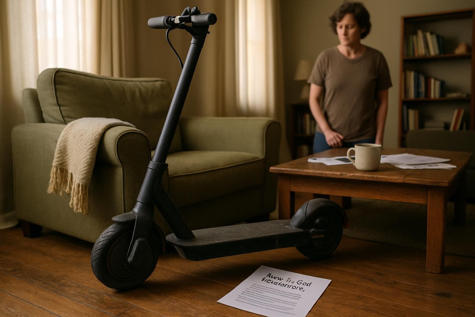 A worn electric scooter rests against an armchair in a cluttered living room, with a person reading Medicare information. A worn electric scooter rests against an armchair in a cluttered living room, with a person reading Medicare information.
