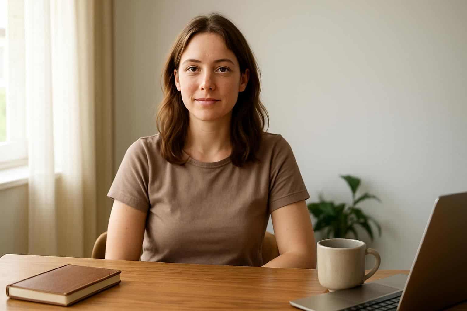 A young woman sits at a neat desk, exuding calm focus and wellbeing in a bright, minimalistic room.