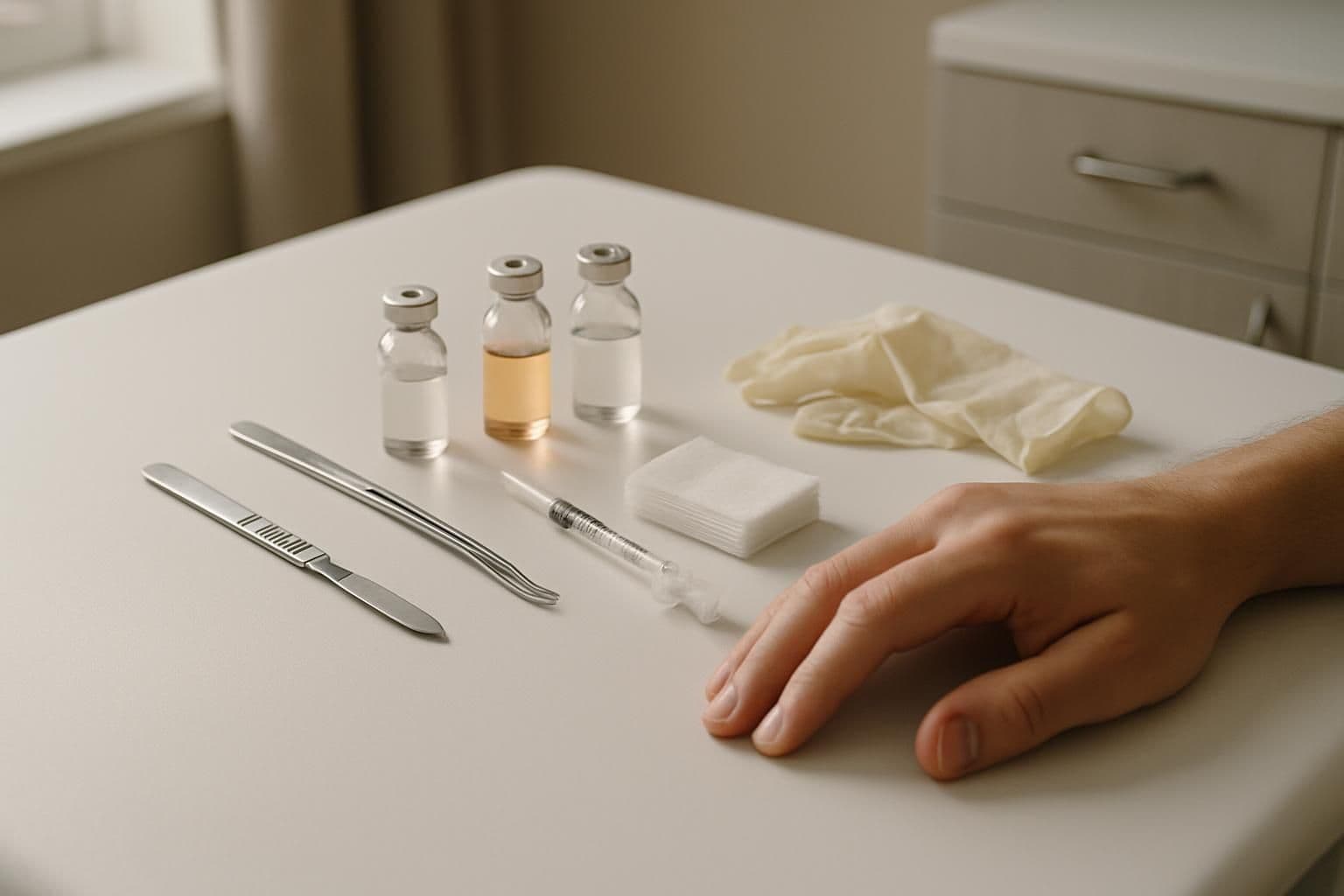 A close-up photo of a neatly arranged medical table with surgical tools and supplies.