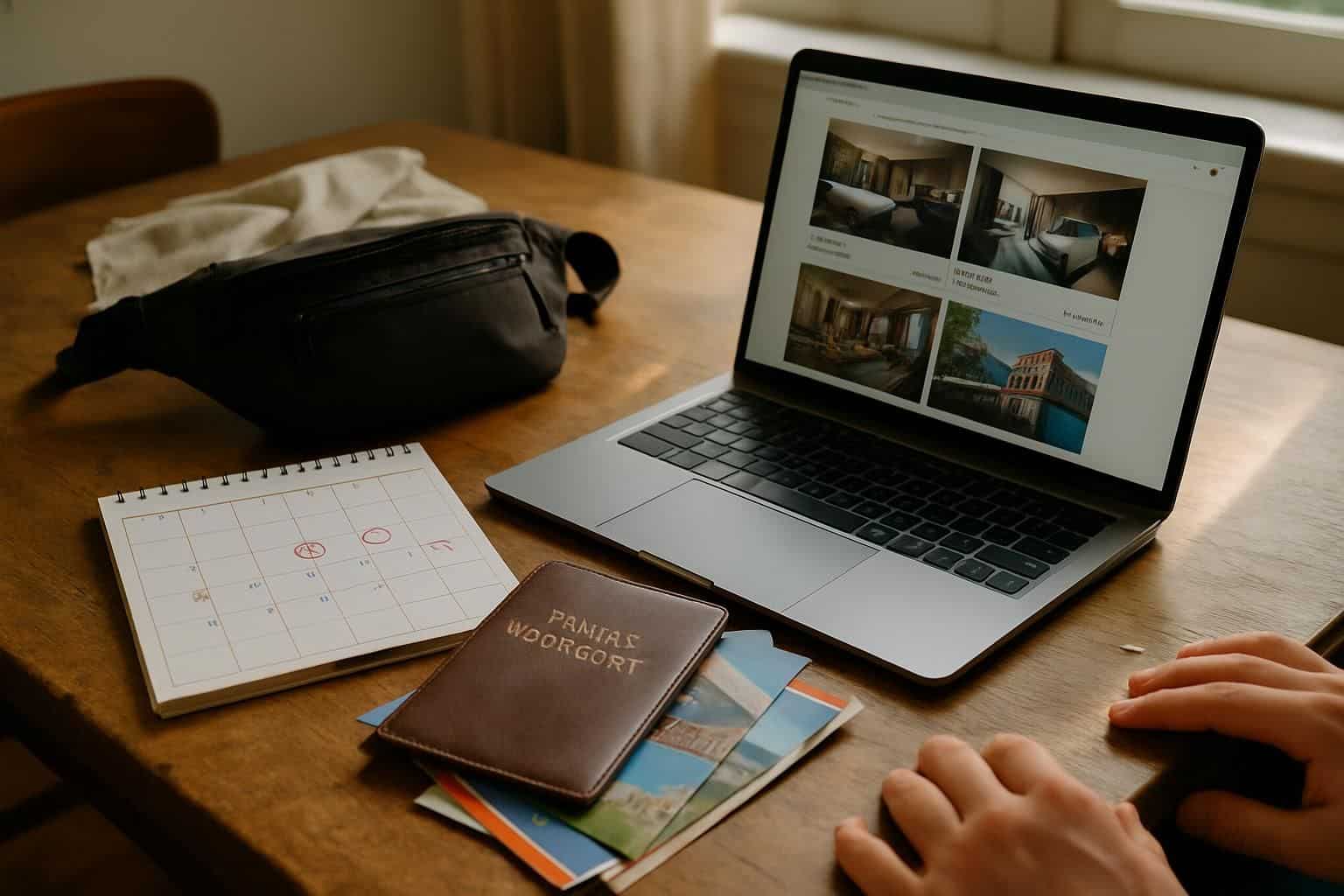 A wooden kitchen table scattered with travel planning essentials like a laptop, calendar, passport holder, and brochures. A wooden kitchen table scattered with travel planning essentials like a laptop, calendar, passport holder, and brochures.