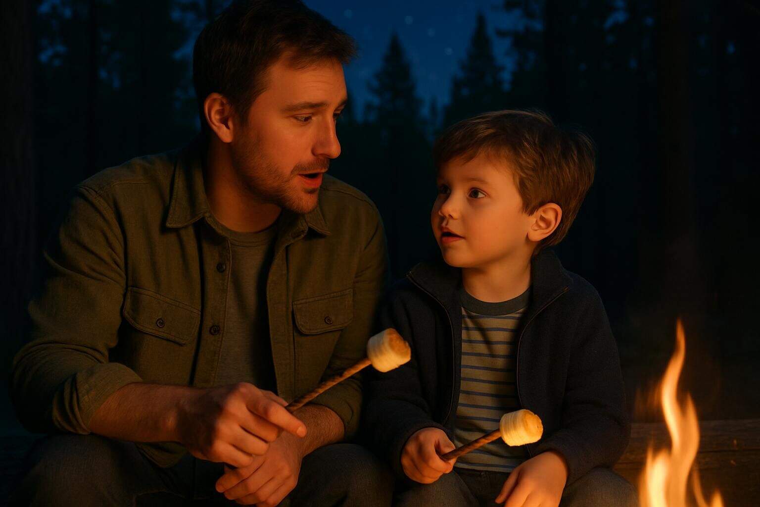 A father and son roasting marshmallows by the campfire, sharing a genuine moment of connection in the forest at night. A father and son roasting marshmallows by the campfire, sharing a genuine moment of connection in the forest at night.