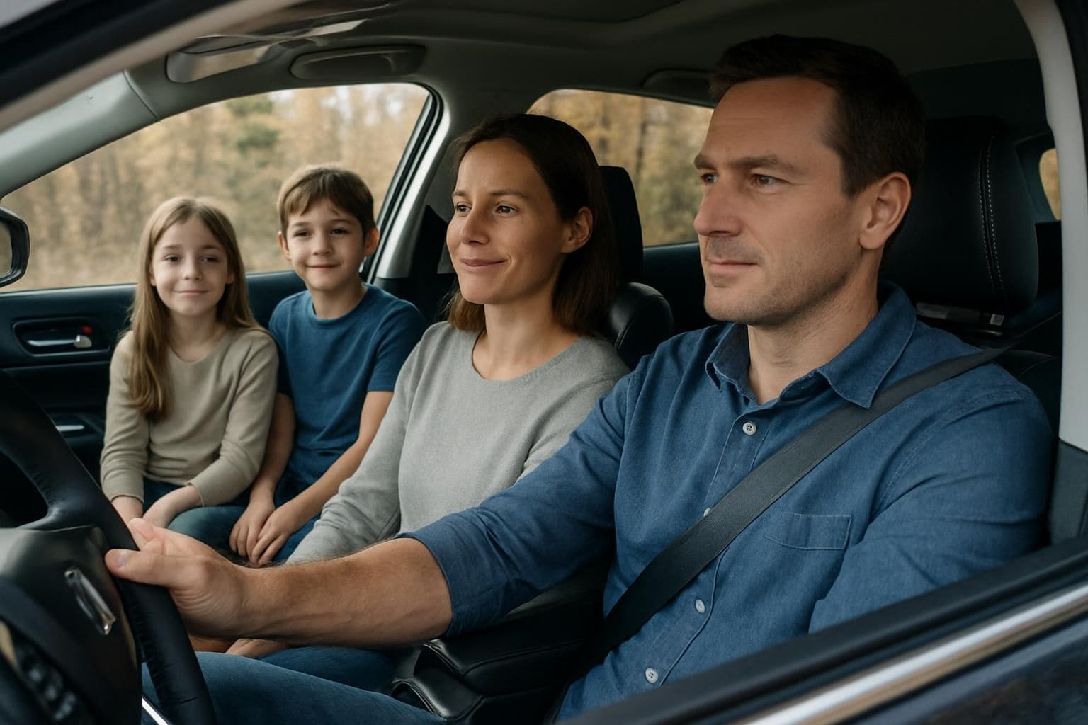 A family of four sits inside a modern SUV, enjoying a serene road trip together. A family of four sits inside a modern SUV, enjoying a serene road trip together.