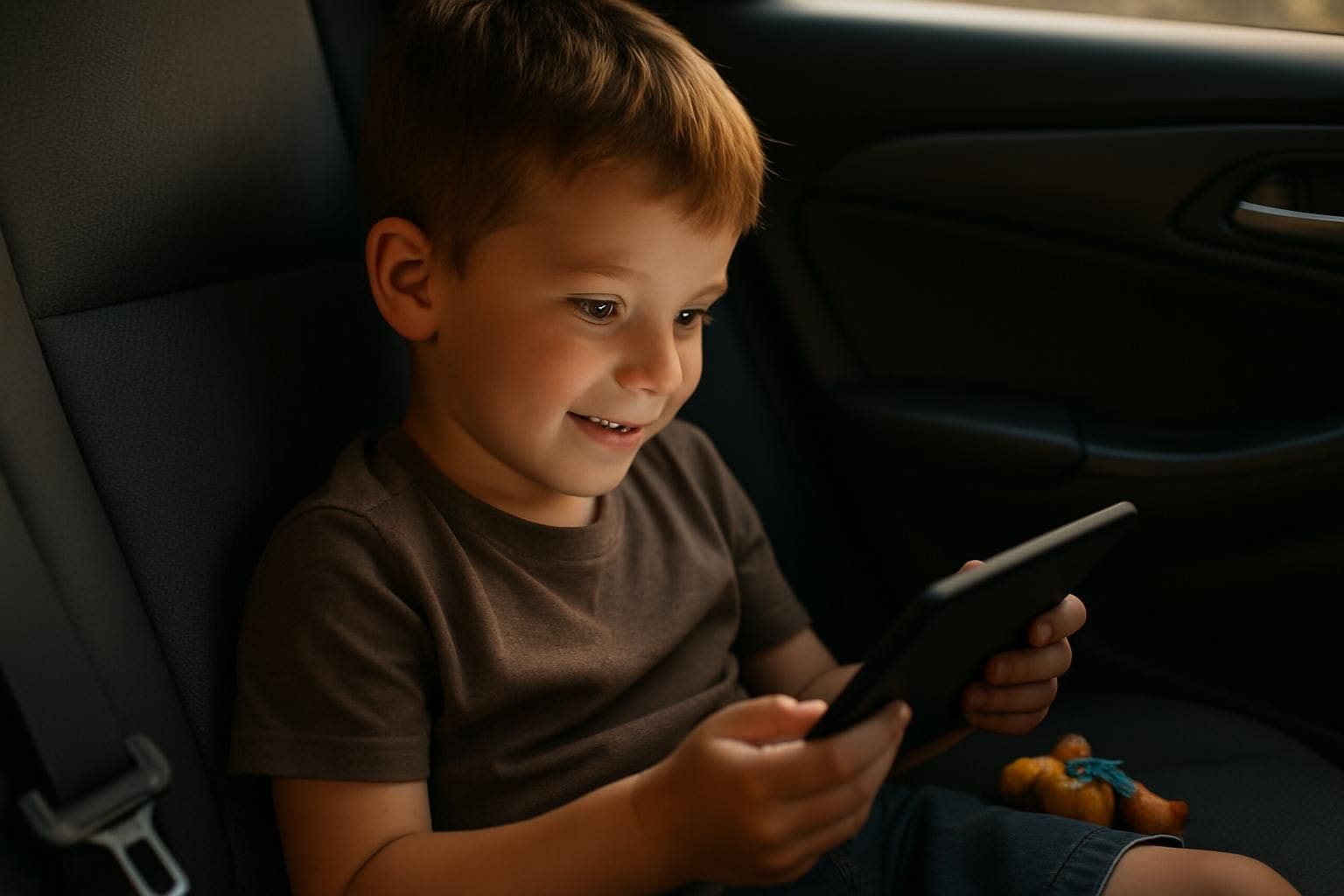 A 7-year-old boy sits in a car, holding a tablet and surrounded by toys. A 7-year-old boy sits in a car, holding a tablet and surrounded by toys.