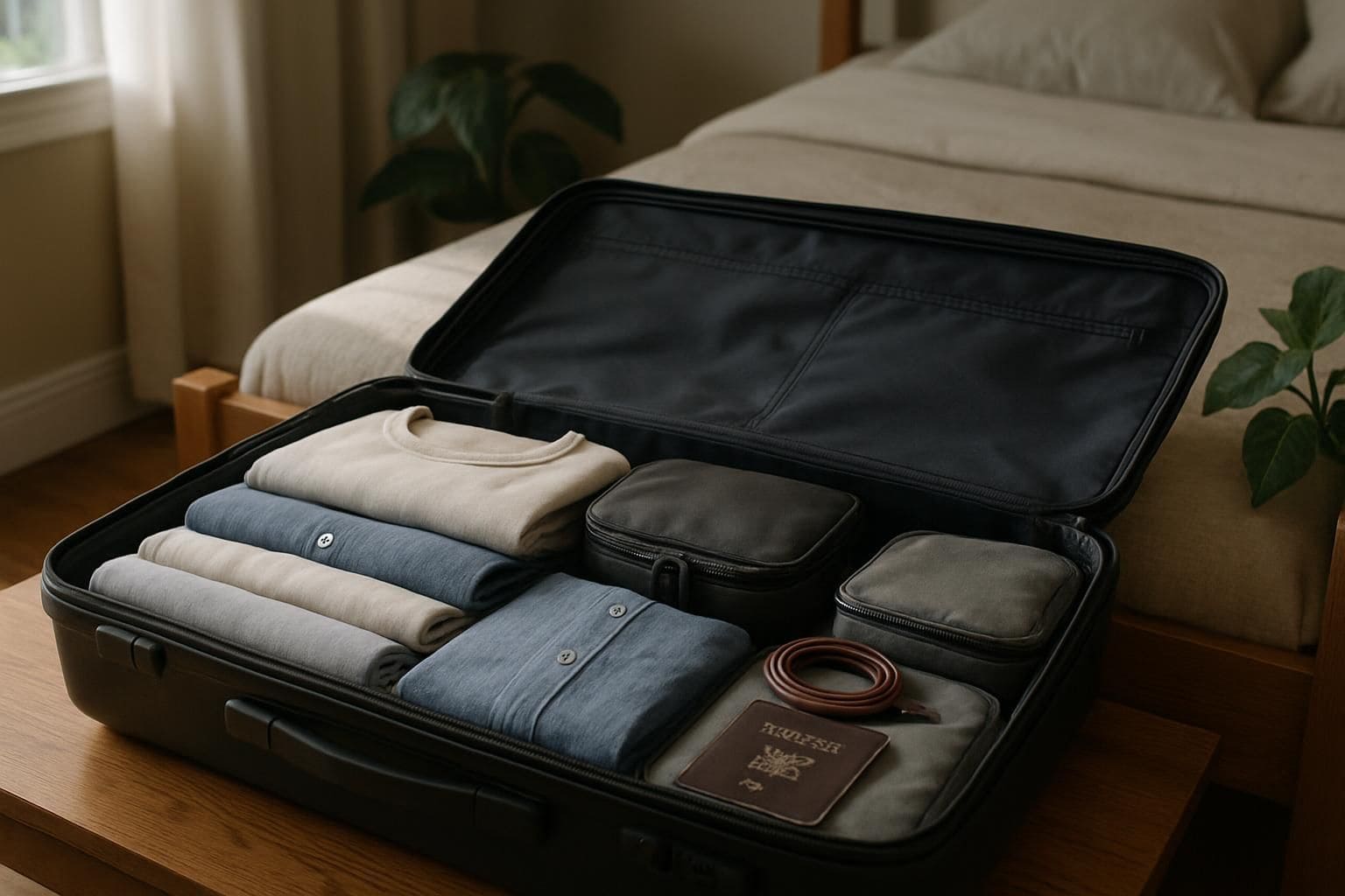A meticulously organized suitcase with neatly folded clothes and travel essentials on a polished wooden floor. A meticulously organized suitcase with neatly folded clothes and travel essentials on a polished wooden floor.