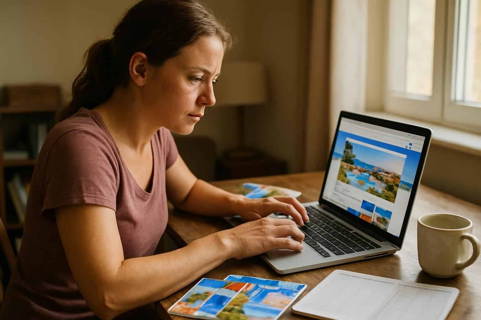 A focused mother plans a family trip at a cozy home office desk. A focused mother plans a family trip at a cozy home office desk.