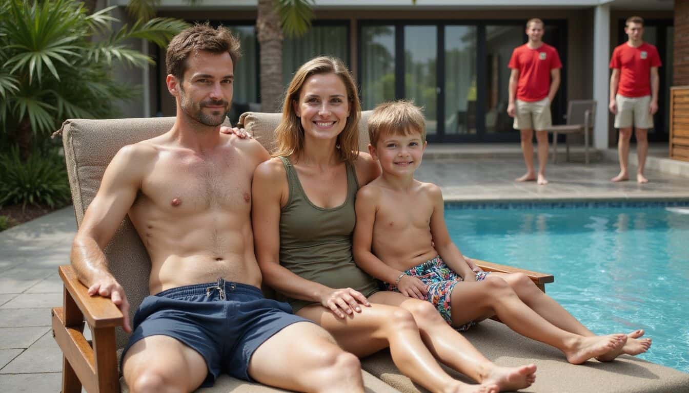 A family of four lounging by a hotel pool in the late afternoon sun, with lifeguards in the background. A family of four lounging by a hotel pool in the late afternoon sun, with lifeguards in the background.