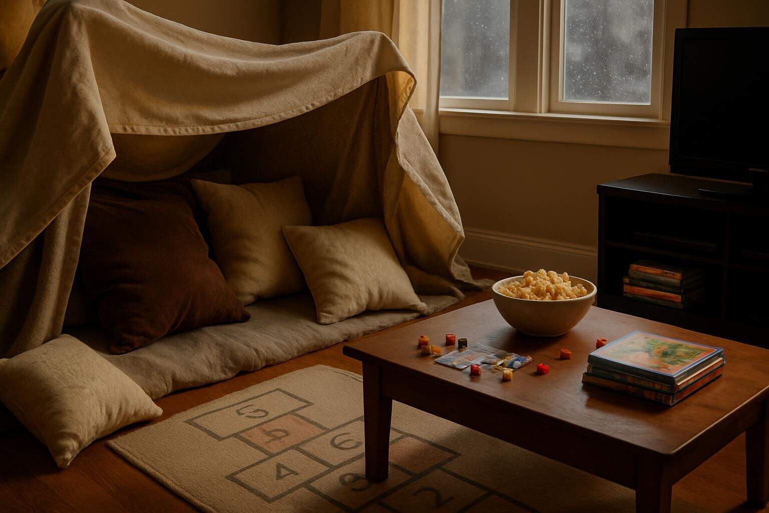 A cozy living room with a blanket fort, board games, and popcorn on a stormy day. A cozy living room with a blanket fort, board games, and popcorn on a stormy day.