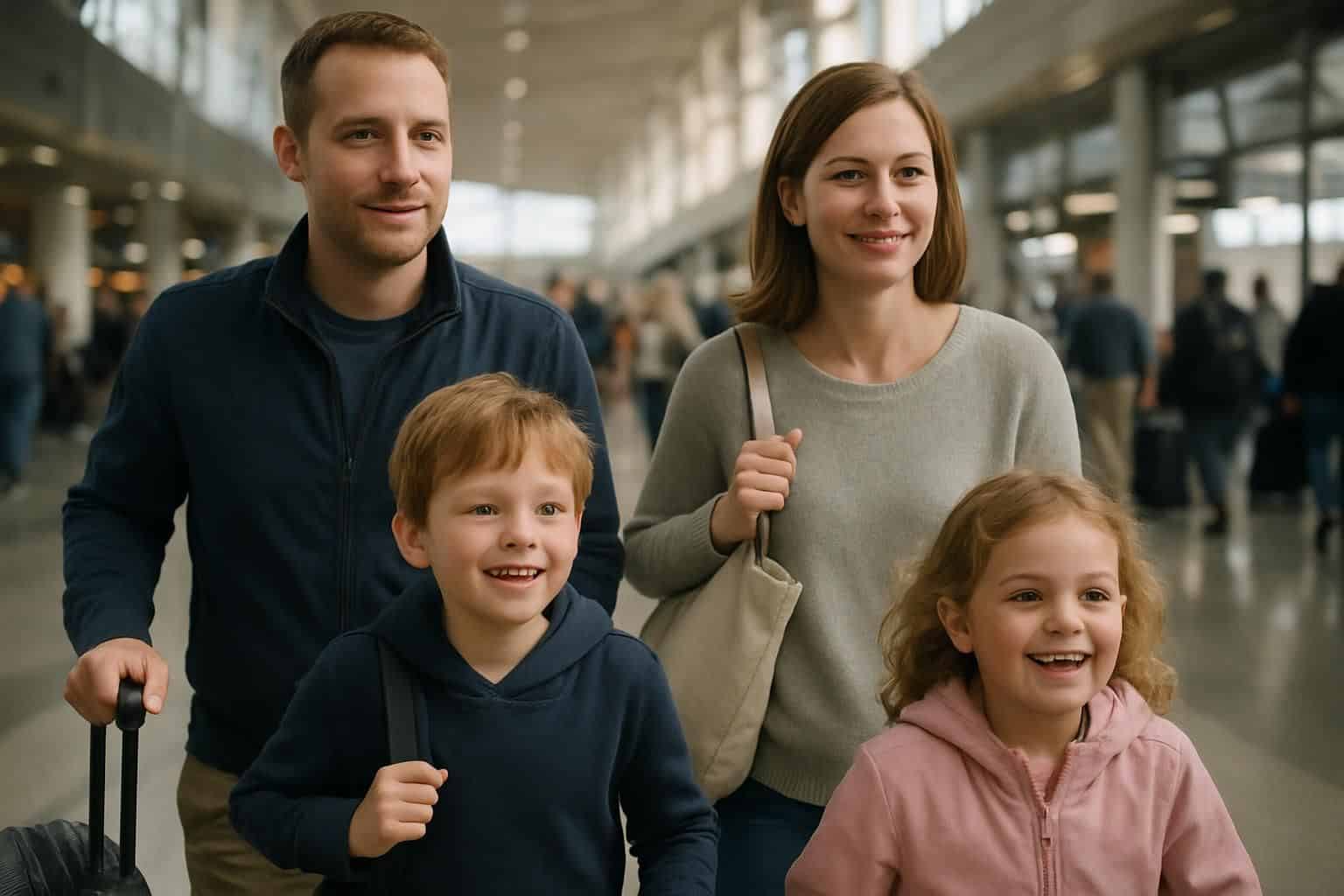 A family of four navigates a crowded airport terminal with a mix of exhaustion and excitement. A family of four navigates a crowded airport terminal with a mix of exhaustion and excitement.