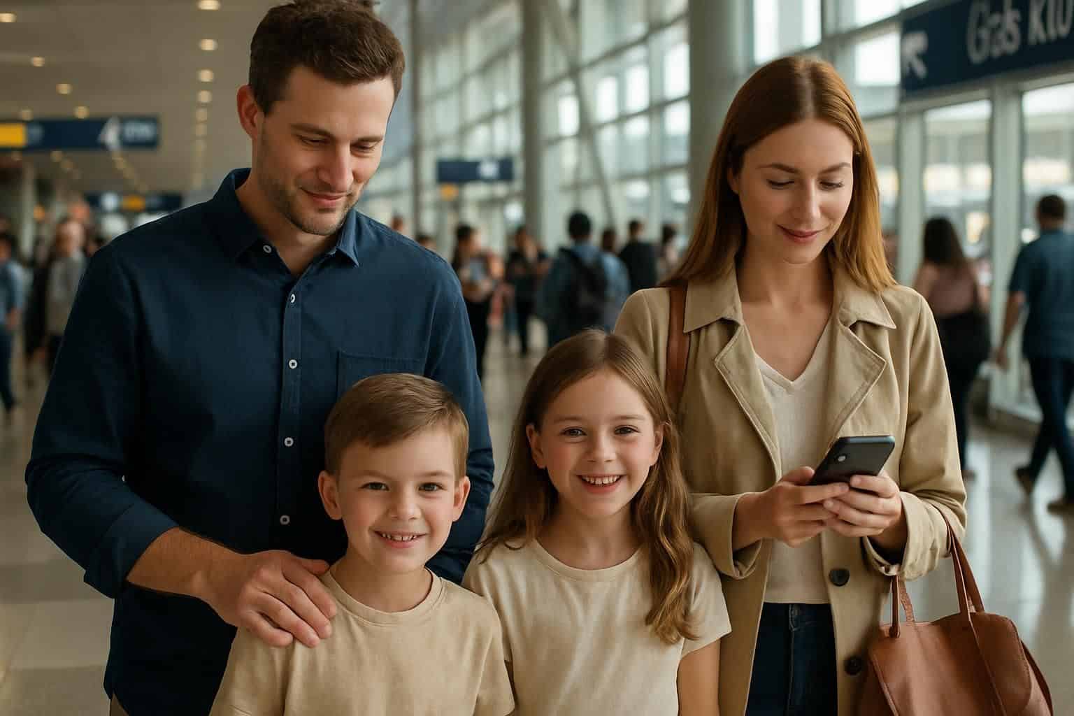 A family of four navigates a bustling airport terminal, with the parents and children smiling and focused on their smartphones. A family of four navigates a bustling airport terminal, with the parents and children smiling and focused on their smartphones.
