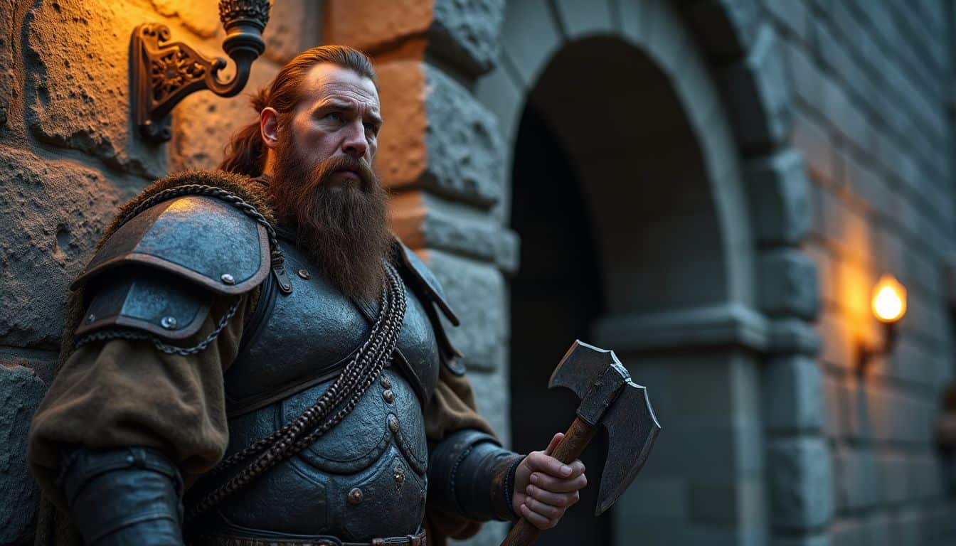 A rugged dwarf warrior stands resolutely at the weathered entrance of a massive stone fortress. A rugged dwarf warrior stands resolutely at the weathered entrance of a massive stone fortress.