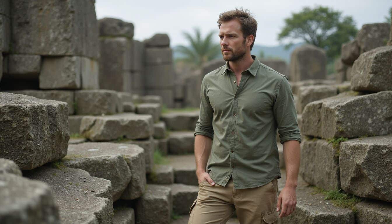 A man in casual attire explores ancient ruins with focused determination in soft daylight. A man in casual attire explores ancient ruins with focused determination in soft daylight.