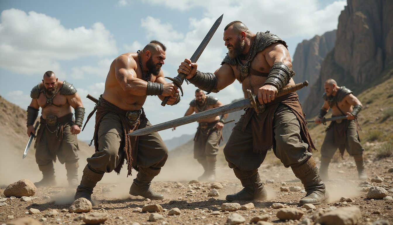 A group of fierce orc warriors clash in a rocky, intense battlefield, showing determination and loyalty in battle.